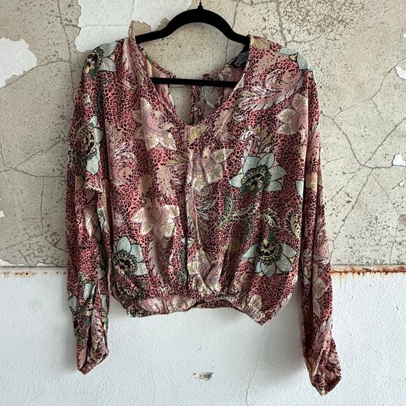 Angie Tops - Boho Peasant Top Animal Print Floral Blouse 100% Rayon Long Sleeve Women's S